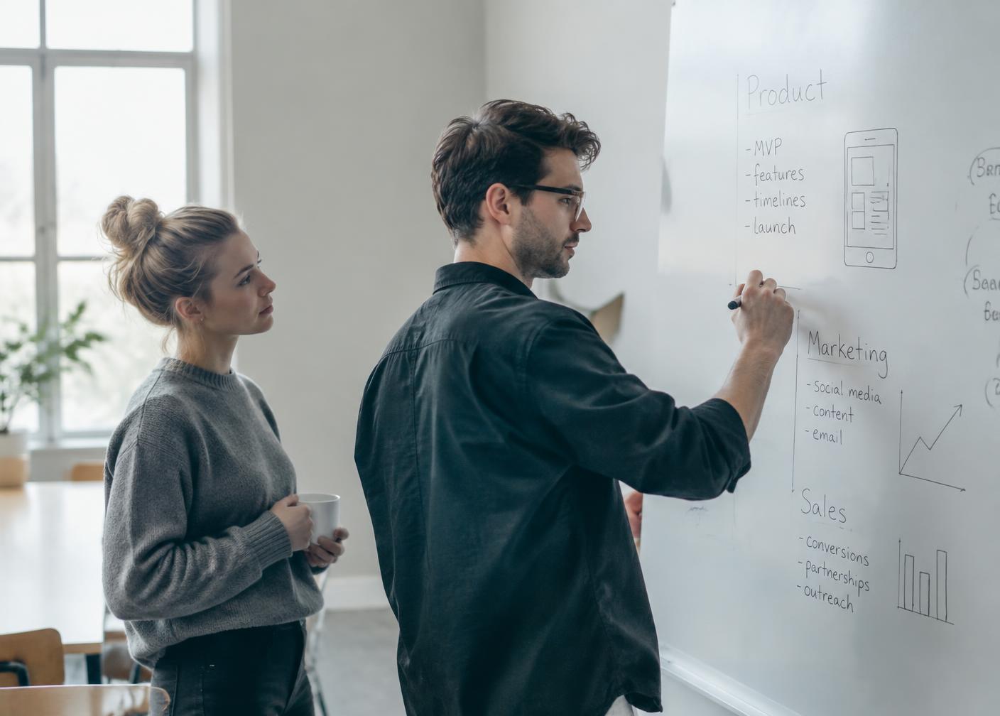 Gründer entwickeln eine Geschäftsidee am Whiteboard